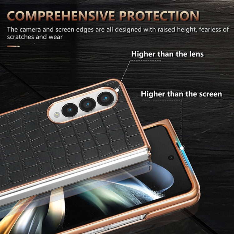For Samsung Galaxy Z Fold4 5G AZNS Electroplated Frame Crocodile Texture Full Coverage Phone Case(Brown)