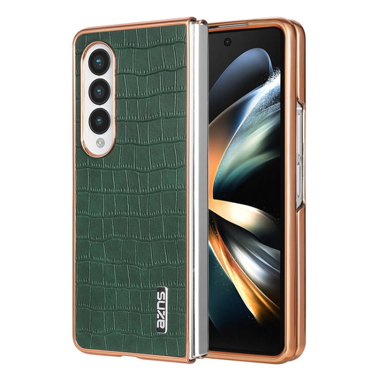 For Samsung Galaxy Z Fold4 5G AZNS Electroplated Frame Crocodile Texture Full Coverage Phone Case(Green)
