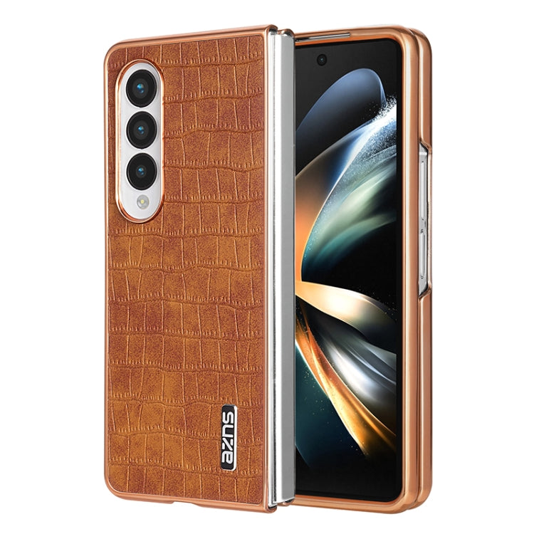 For Samsung Galaxy Z Fold3 5G AZNS Electroplated Frame Crocodile Texture Full Coverage Phone Case(Brown)