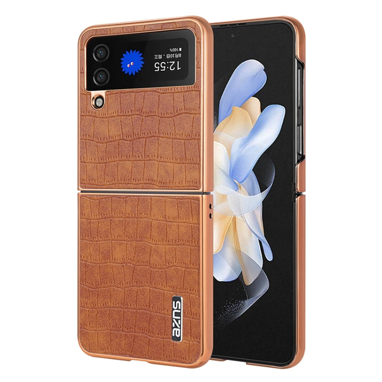 For Samsung Galaxy Z Flip3 5G AZNS Electroplated Frame Crocodile Texture Full Coverage Phone Case(Brown)