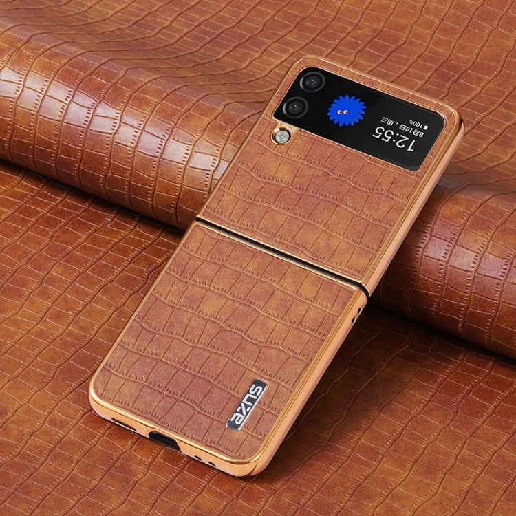 For Samsung Galaxy Z Flip3 5G AZNS Electroplated Frame Crocodile Texture Full Coverage Phone Case(Brown)