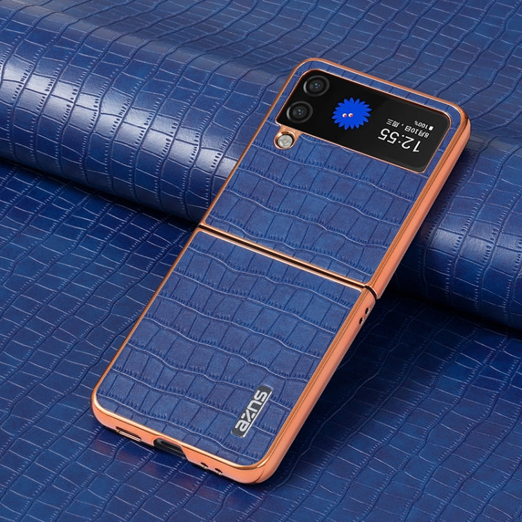 For Samsung Galaxy Z Flip3 5G AZNS Electroplated Frame Crocodile Texture Full Coverage Phone Case(Blue)