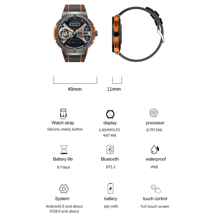 LEMFO HK52 1.43 inch BT5.3 IP68 Sport Smart Watch, Support Bluetooth Call / Message Notification / Heart Rate / Blood Pressure Health Monitor(Orange)