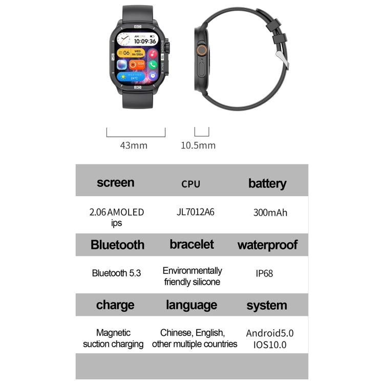 HK96S 2.06 inch BT5.3 IP68 Sport Smart Watch, Support Bluetooth Call / Sleep / Blood Oxygen / Heart Rate / Blood Pressure Health Monitor(Orange)