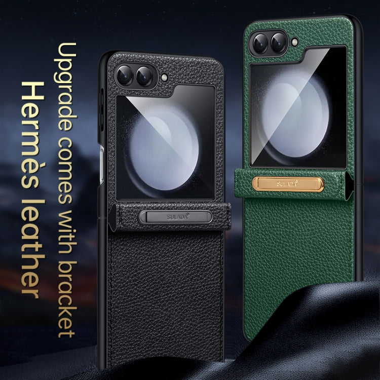For Samsung Galaxy Z Flip5 SULADA Lychee Texture Invisible Holder Leather Back Cover Phone Case(Black)