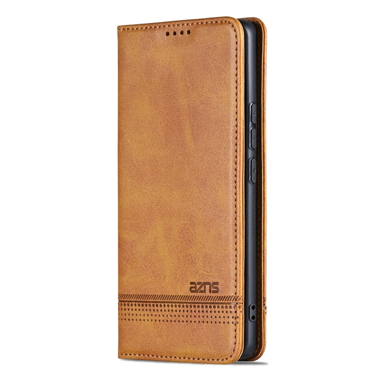 For Samsung Galaxy S25 5G AZNS Magnetic Calf Texture Flip Leather Phone Case(Light Brown)