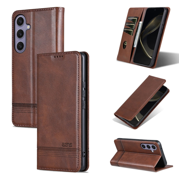 For Samsung Galaxy S25 5G AZNS Magnetic Calf Texture Flip Leather Phone Case(Dark Brown)