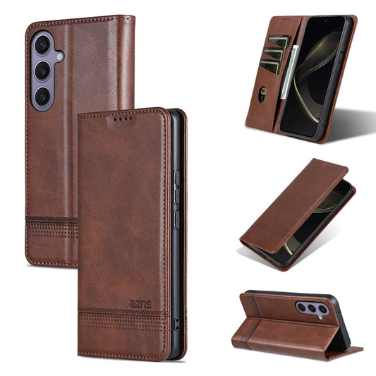 For Samsung Galaxy S25+ 5G AZNS Magnetic Calf Texture Flip Leather Phone Case(Dark Brown)