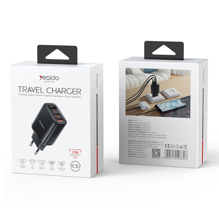 Yesido YC67 17W USB / Type-C + Dual USB Digital Display Charger, Specification:EU Plug(Black)