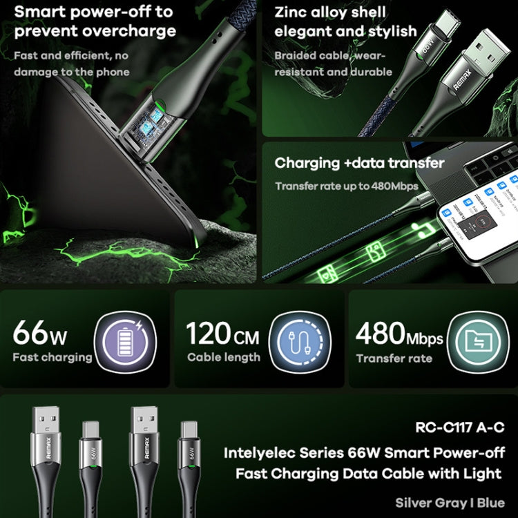 REMAX RC-C117 1.2m 66W USB to Type-C Smart Power-off Fast Charging Data Cable(Silver)