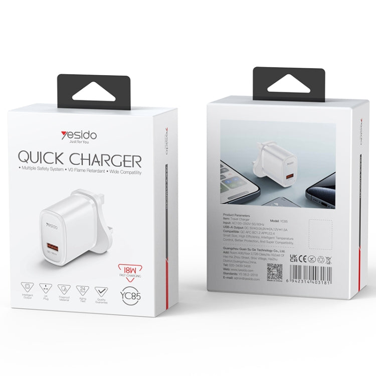 Yesido YC85 PD 18W USB Fast Charger, Specification:UK Plug(White)
