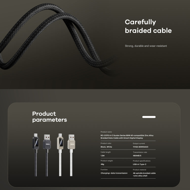 REMAX RC-C070 1.2m 66W USB to Type-C Digital Display Braided Fast Charging Cable(White)