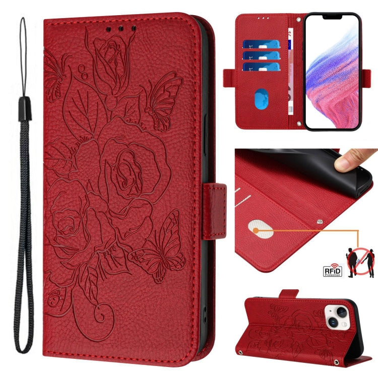 Embossed Rose RFID Anti-theft Leather Phone Case, For iPhone 15, For iPhone 14 Plus, For iPhone 14 / 13, For iPhone 14 Pro