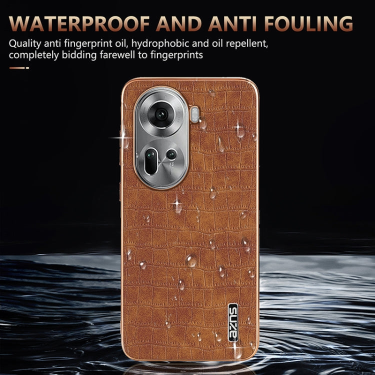 For OPPO Reno11 Global AZNS Electroplated Frame Crocodile Texture Full Coverage Phone Case(Brown)
