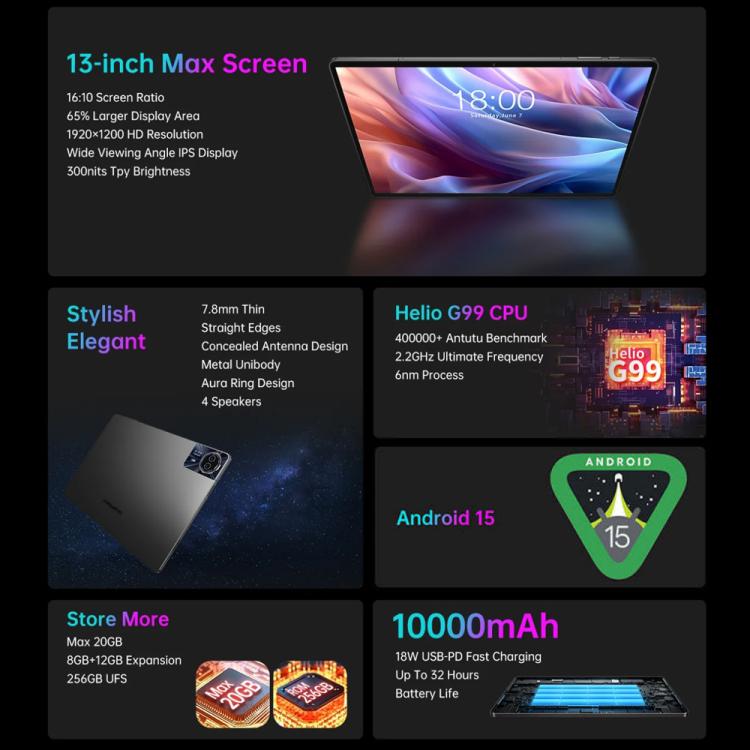 Teclast T65 Max Tablet PC 13 inch, 8GB+256GB,  Android 15 MediaTek Helio G99 Octa Core, 4G LTE Dual SIM