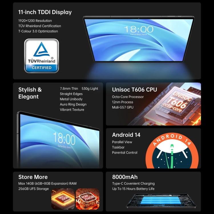 Teclast T50HD Tablet PC 11 inch, 6GB+256GB,  Android 14 Unisoc T606 Octa Core, 4G LTE Dual SIM
