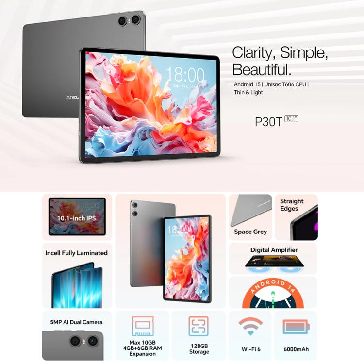 Teclast P30T Tablet PC with Leather Case & Keyboard 10.1 inch WiFi6, 4GB+128GB,  Android 15 Unisoc T606 Octa-core