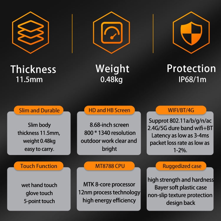 CENAVA A868T IP68 Rugged Tablet PC, 8.68 inch Android 13 MT8788 Octa Core, 4G Network, 6GB+128GB
