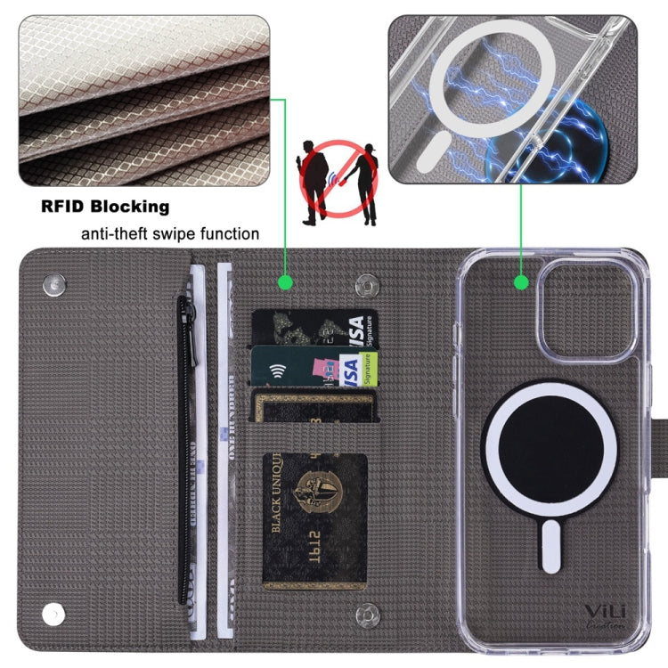 For iPhone 16 Pro Max ViLi GHB-C Series RFID MagSafe Magnetic Flip Leather Phone Case(Grey)