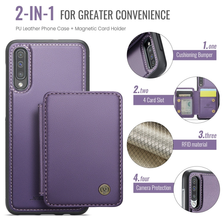 For Samsung Galaxy A50 JEEHOOD J05 Business Magnetic Style RFID Leather Phone Case(Purple)