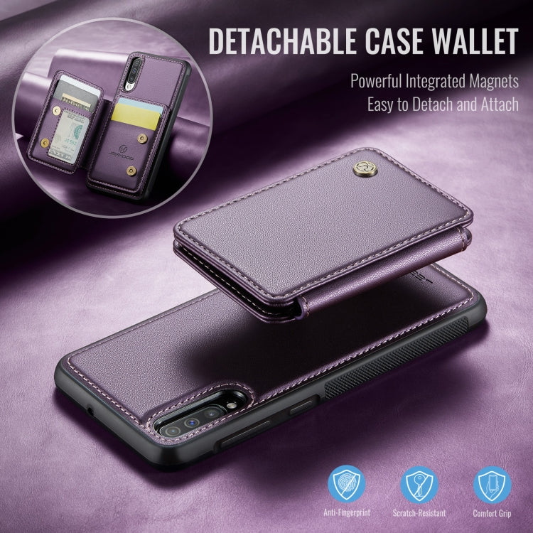 For Samsung Galaxy A50 JEEHOOD J05 Business Magnetic Style RFID Leather Phone Case(Purple)