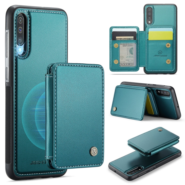 For Samsung Galaxy A50 JEEHOOD J05 Business Magnetic Style RFID Leather Phone Case(Blue Green)