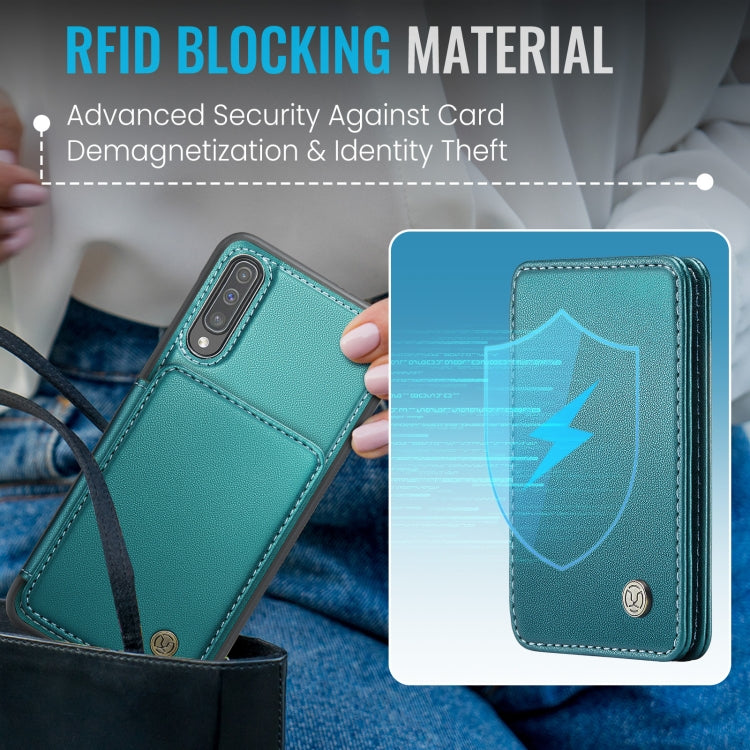 For Samsung Galaxy A50 JEEHOOD J05 Business Magnetic Style RFID Leather Phone Case(Blue Green)