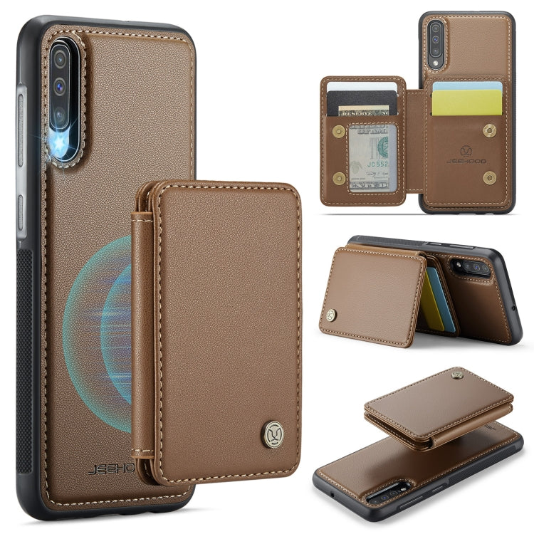 For Samsung Galaxy A50 JEEHOOD J05 Business Magnetic Style RFID Leather Phone Case(Brown)