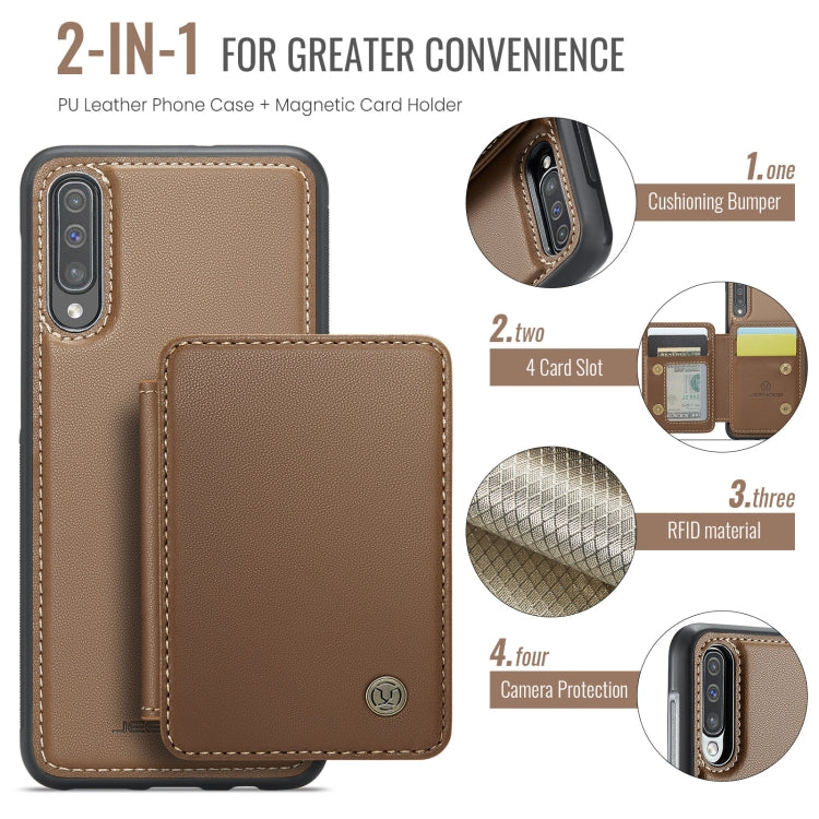 For Samsung Galaxy A50 JEEHOOD J05 Business Magnetic Style RFID Leather Phone Case(Brown)
