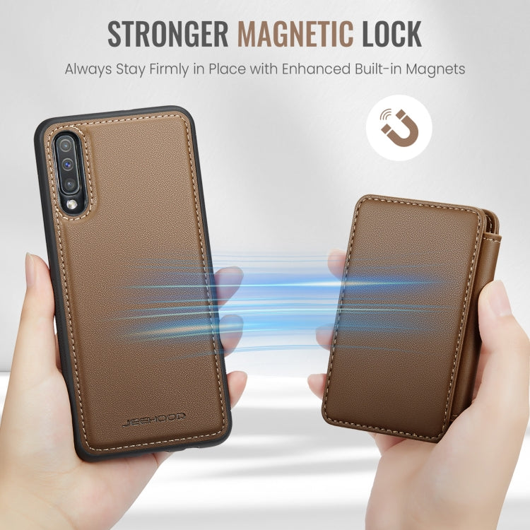 For Samsung Galaxy A50 JEEHOOD J05 Business Magnetic Style RFID Leather Phone Case(Brown)