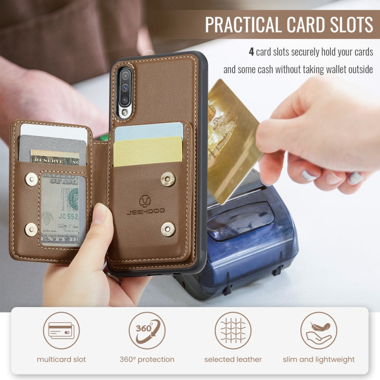 For Samsung Galaxy A50 JEEHOOD J05 Business Magnetic Style RFID Leather Phone Case(Brown)