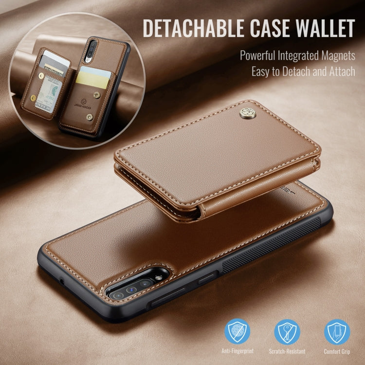 For Samsung Galaxy A50 JEEHOOD J05 Business Magnetic Style RFID Leather Phone Case(Brown)