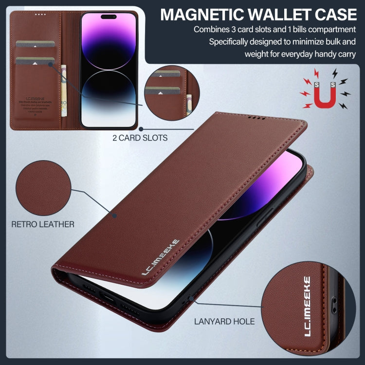 For iPhone 14 Pro Max LC.IMEEKE L1 Series Frosted Fine Texture PU Phone Case(Brown)