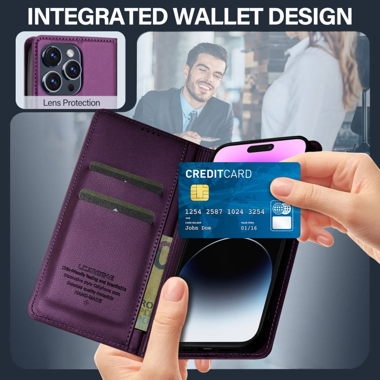 For iPhone 14 Pro Max LC.IMEEKE L1 Series Frosted Fine Texture PU Phone Case(Purple)