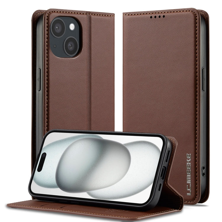 For iPhone 15 LC.IMEEKE L1 Series Frosted Fine Texture PU Phone Case(Brown)
