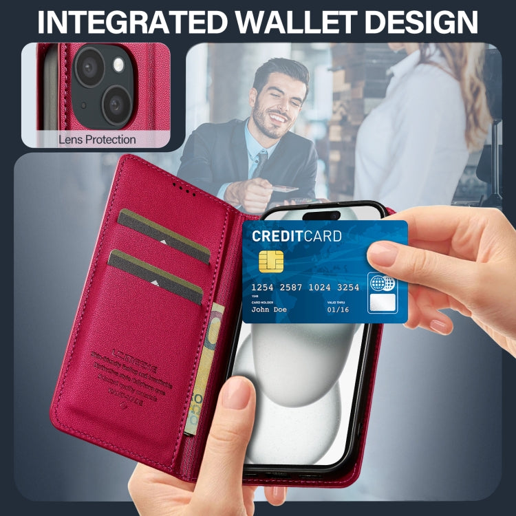 For iPhone 15 LC.IMEEKE L1 Series Frosted Fine Texture PU Phone Case(Red)