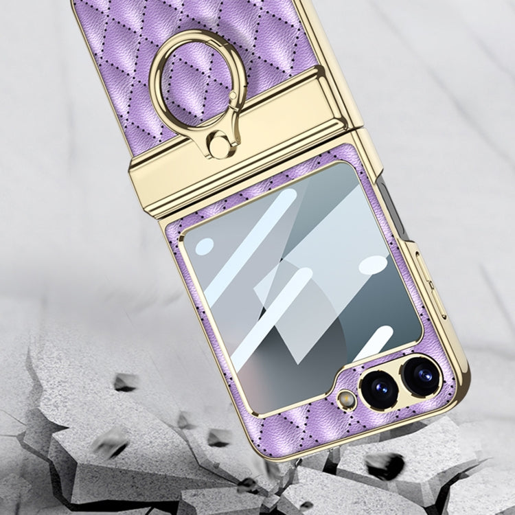 For Samsung Galaxy Z Flip6 / Flip7 FE GKK Rhombus Pattern Integrated Electroplated Leather Phone Case with Ring(Pink)