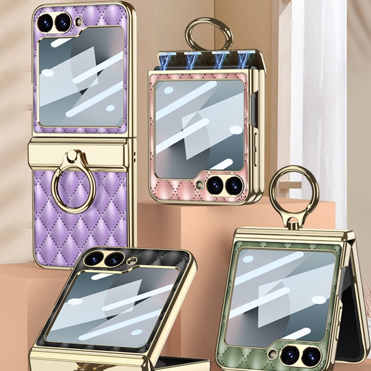 For Samsung Galaxy Z Flip6 / Flip7 FE GKK Rhombus Pattern Integrated Electroplated Leather Phone Case with Ring(Black)