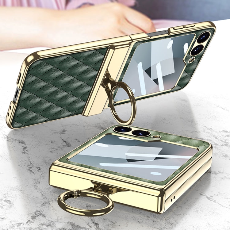 For Samsung Galaxy Z Flip6 / Flip7 FE GKK Rhombus Pattern Integrated Electroplated Leather Phone Case with Ring(Dark Green)