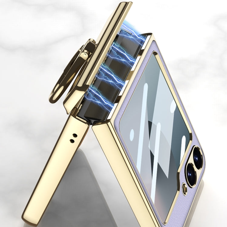 For Samsung Galaxy Z Flip6 / Flip7 FE GKK Integrated Electroplated Litchi Texture Leather Phone Case with Ring(Yellow)