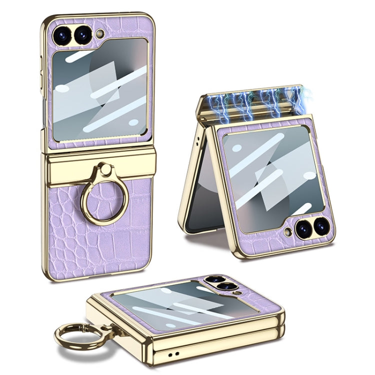 For Samsung Galaxy Z Flip7 FE / Flip6 GKK Integrated Electroplated Crocodile Texture Leather Phone Case with Ring(Purple)