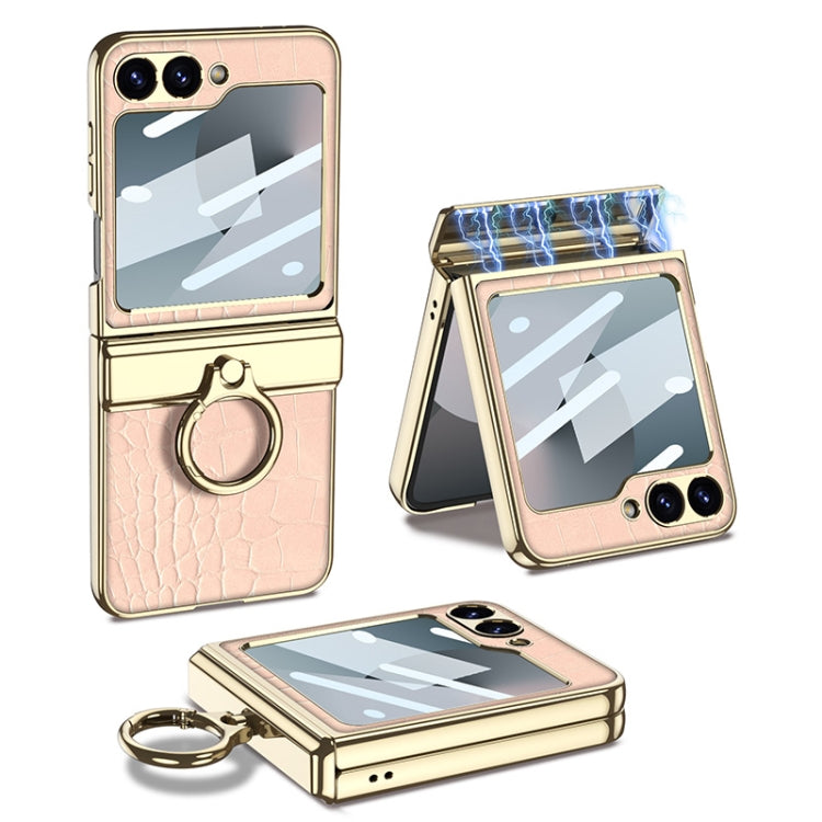For Samsung Galaxy Z Flip7 FE / Flip6 GKK Integrated Electroplated Crocodile Texture Leather Phone Case with Ring(Pink)