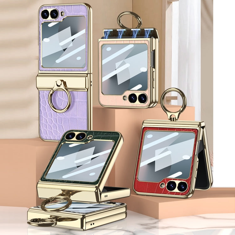For Samsung Galaxy Z Flip7 FE / Flip6 GKK Integrated Electroplated Crocodile Texture Leather Phone Case with Ring(Pink)