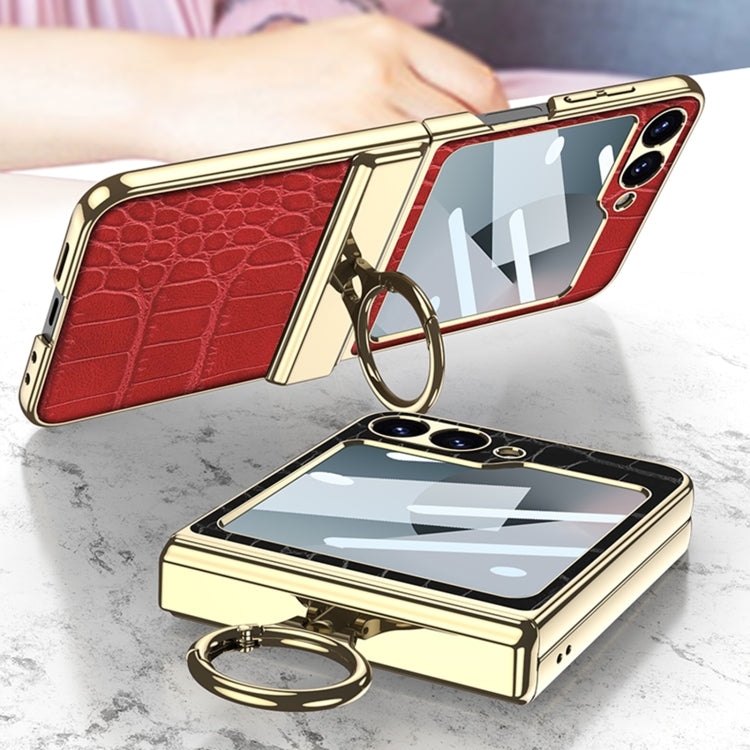 For Samsung Galaxy Z Flip7 FE / Flip6 GKK Integrated Electroplated Crocodile Texture Leather Phone Case with Ring(Pink)