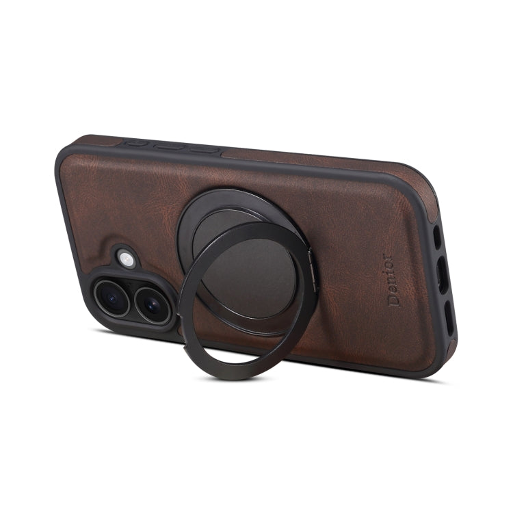 For iPhone 16 Denior A14 Skin Feel Rotating Holder MagSafe Phone Case(Brown)