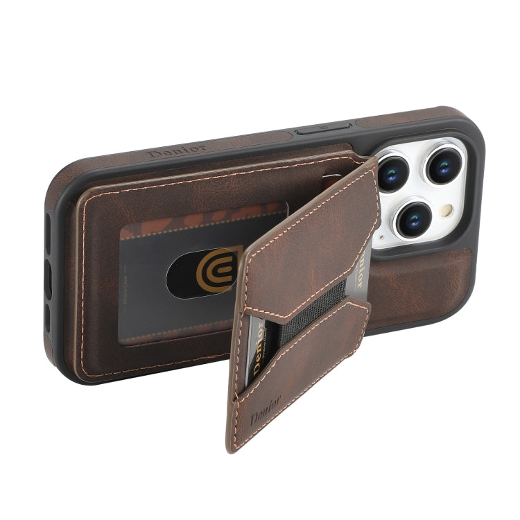 For iPhone 12 / 12 Pro Denior D18 Skin Feel Rotating Holder MagSafe Detachable Card Slot Phone Case(Brown)