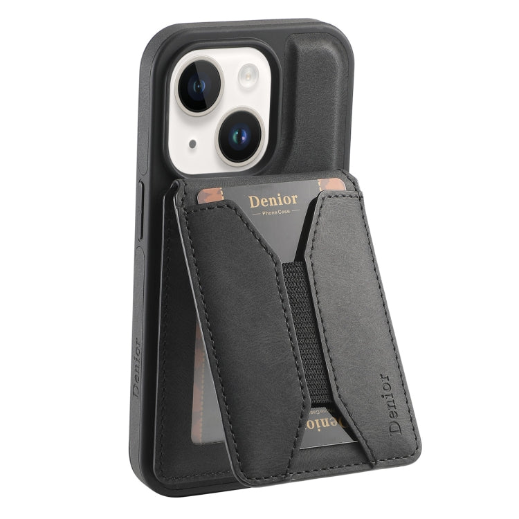 For iPhone 14 / 13 Denior D18 Skin Feel Rotating Holder MagSafe Detachable Card Slot Phone Case(Black)