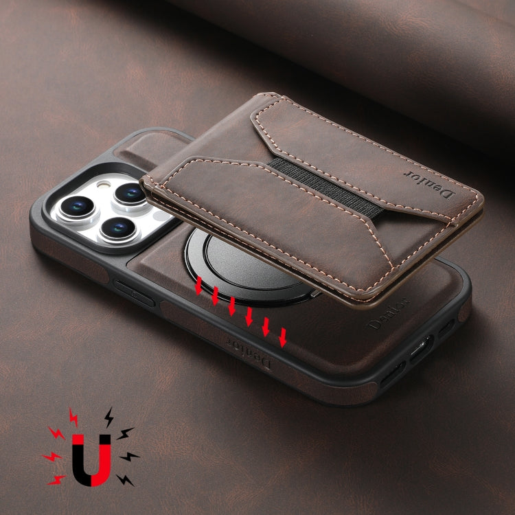 For iPhone 13 Pro Max Denior D18 Skin Feel Rotating Holder MagSafe Detachable Card Slot Phone Case(Brown)