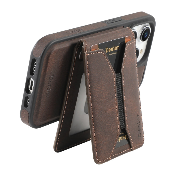 For iPhone 13 Pro Max Denior D18 Skin Feel Rotating Holder MagSafe Detachable Card Slot Phone Case(Brown)