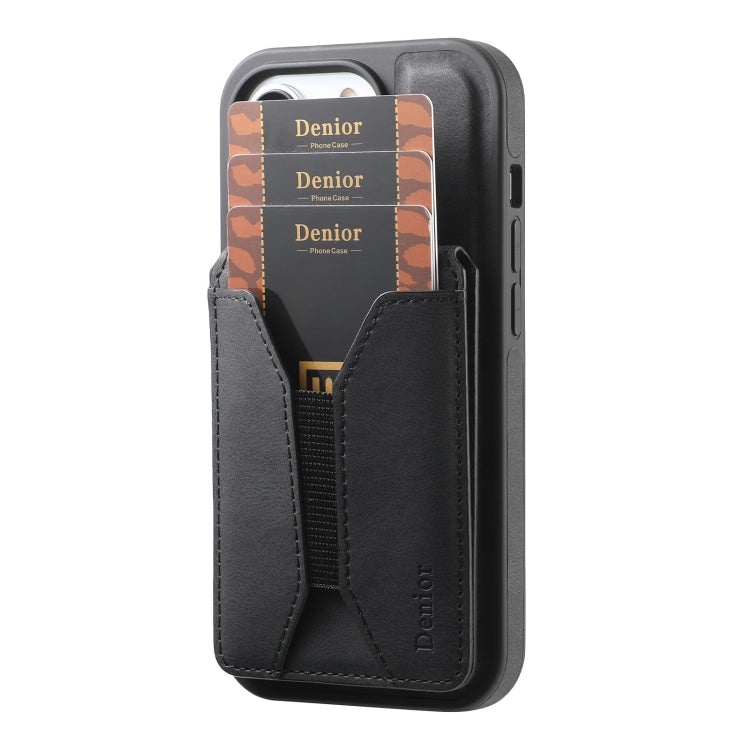 For iPhone 14 Pro Max Denior D18 Skin Feel Rotating Holder MagSafe Detachable Card Slot Phone Case(Black)